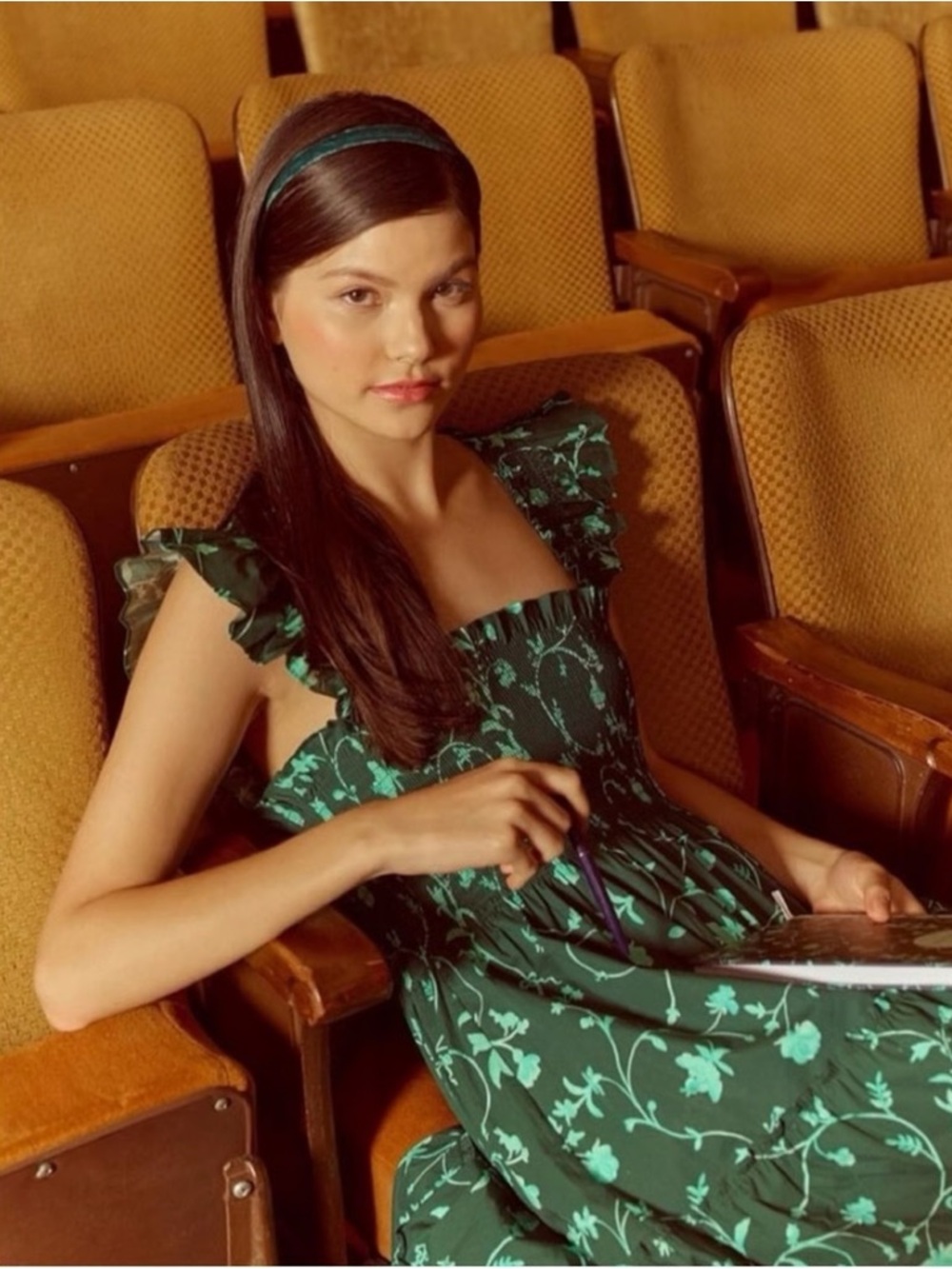 Hill House The Nap Dress Dark Green Floral Midi Dress with Mint Print Small